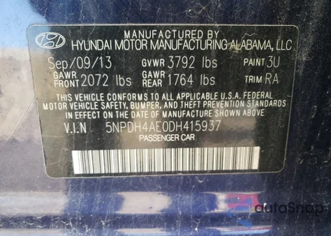 2013 Hyundai Elantra Gls z USA, uszkodzony, nr VIN 5NPDH4AE0DH415937